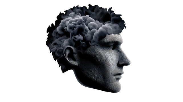 Abstract Mindscape: A surreal depiction of a male profile with a swirling cloud of smoke or mist emerging from his head, symbolizing thoughts, creativity, or confusion.