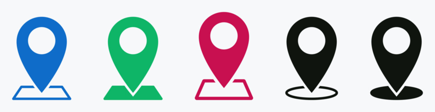 Location Pin Marker Icons : Set of location pin marker icons in blue, green, pink, black, and solid styles. Ideal for maps, GPS, navigation, destination, tracking, and travel design.