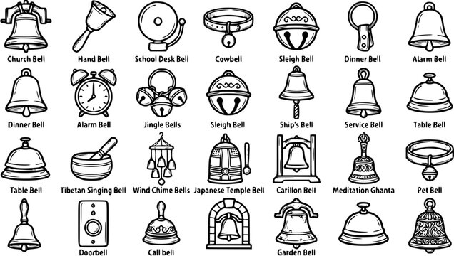 Black and White Line Art Collection of Various Bells: Church, Dinner, Hand, Alarm, and More