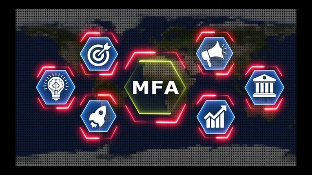 MFA multi factor authentication concept with world map background motion graphic.