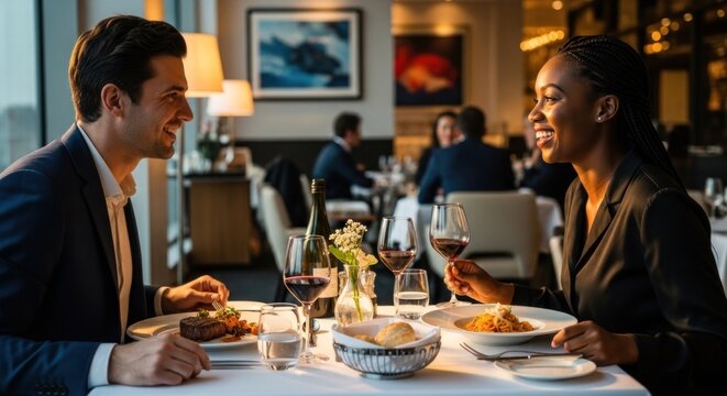 A couple enjoying a romantic meal in a stylish restaurant, with a focus on the food and wine.
