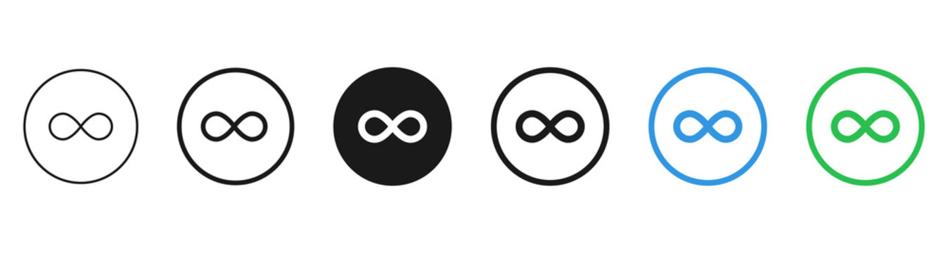 Infinity Loop Icon Button : Set of infinity icons in outline, solid, blue, green, and black circle button styles. for unlimited, repeat, connection, continuity, automation, and digital interface