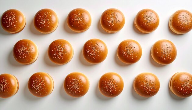 Sesame Burger Buns Arranged in Rows on White Surface
