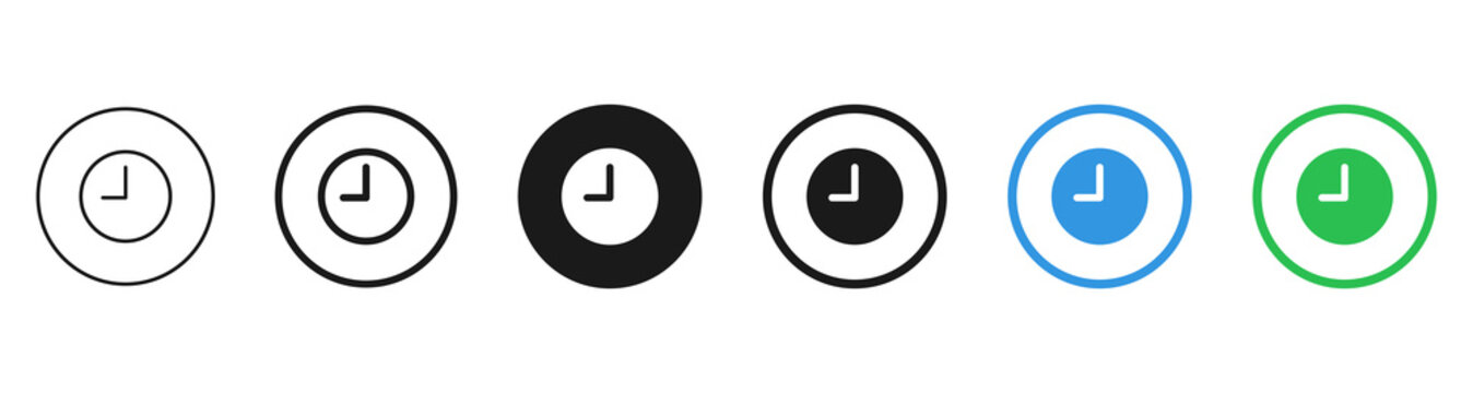 Timer Clock Icon Button : Set of time icons in outline, solid, blue, green, and black circle button styles. Ideal for time tracking, reminders, deadlines, scheduling, and planning design.