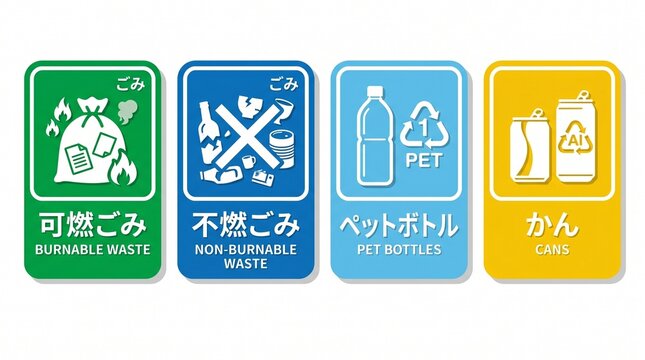Waste sorting and recycling sign set for garbage disposal with recycling