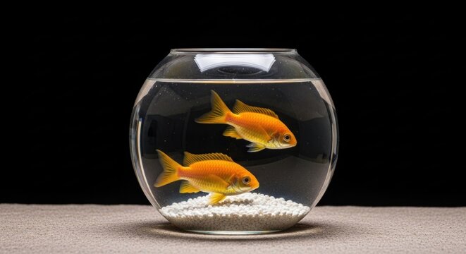 Two goldfish swimming in a round glass bowl with white gravel at the bottom, against a black background.
