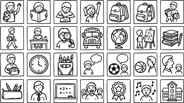 Black and White Line Art School Education Icons Set. Hand Drawn School Supplies, Students, Activities, and Learning Elements.