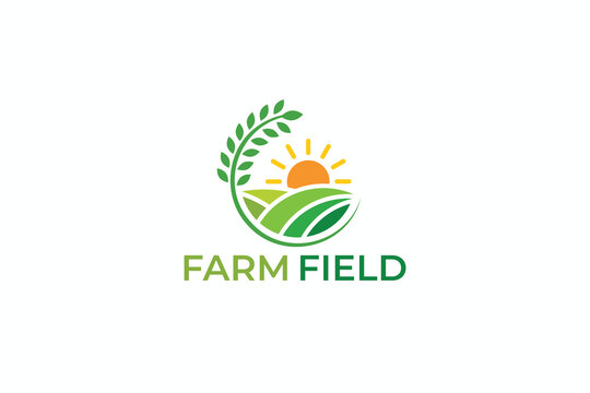 Modern Farm Field Agriculture Wheat Plant Logo Design with Sunrise Circle Vector Template