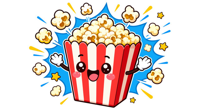 Cheerful Kawaii Popcorn Box with Animated Kernels Exploding in Bold Vector Style outlines animation food lines digital illustration graphic design