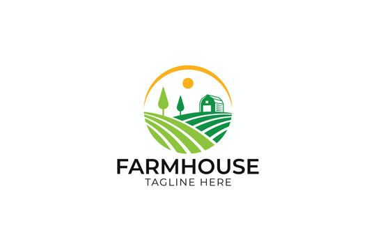 Modern Farmhouse Barn Landscape Agriculture Field Nature Logo Design with Circle Vector Template