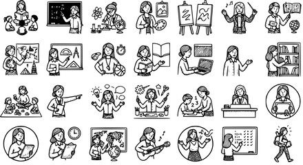 Black and White Line Art Icons of Teachers in Various Educational Settings, Teaching and Learning © pixsource