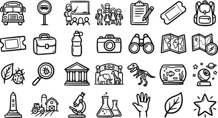 Education, Learning  Field Trip Line Art Icons Set. Hand-drawn Black and White Doodle Collection for School, Science, Nature, and Travel Themes © pixsource