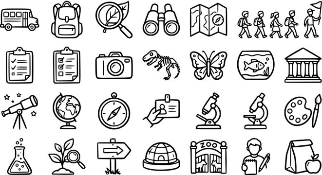 Education, Science, and Nature Field Trip Icons. Outline Line Art Collection of Learning, School, and Exploration Symbols in Black  White Style.