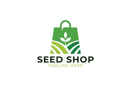Modern Seed Shop Plant Agriculture Logo Design with Shopping Bag Vector Template