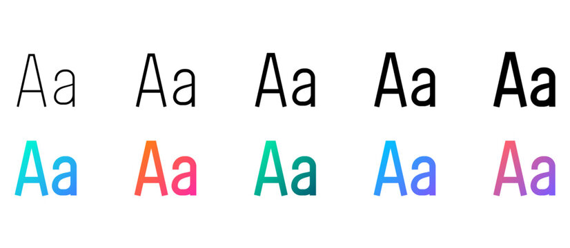 Text Typography Aa Icon Symbol Set Gradient Pack. Set of Letter Aa icons language sign in thin, bold, black, and colorful gradient styles. for typography, formatting, editor, and design tool concepts.