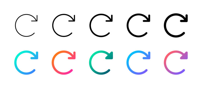 Set of refresh repeat arrow icons in outline, bold, black, and colorful gradient styles. Ideal for refresh, reload, update, sync, rotation, loop, and app interface design.