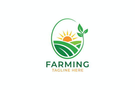Modern Sunrise Farmland Plantation Logo Design with Leaf Circle Agriculture Field Vector Template