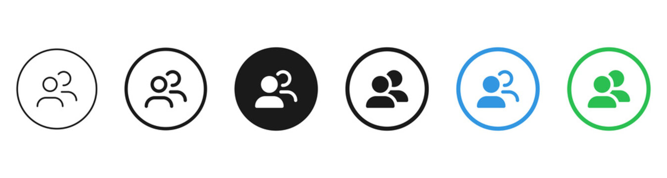 Set of users profile icons, group of people, teamwork icon in outline, solid, and black circle button styles. Ideal for accounts, teams, contacts, community, collaboration, and social interface design