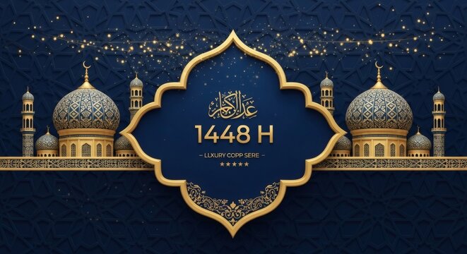 A luxurious Islamic new year greeting card design with golden mosque architecture and ornate frame on a deep blue background, featuring 1448 H.