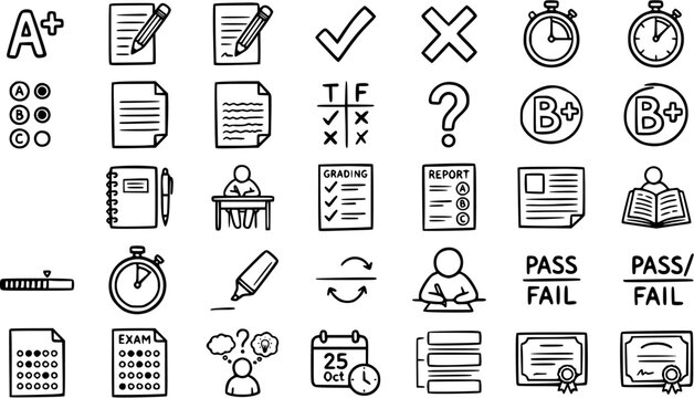 Black and White Line Art Icons for Education and Testing: Grades, Exams, and Study