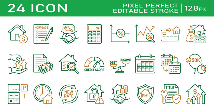 Flat line art mortgage and home finance vector icons set including credit score, loan, interest, property, payment, and financial planning concepts for web use
