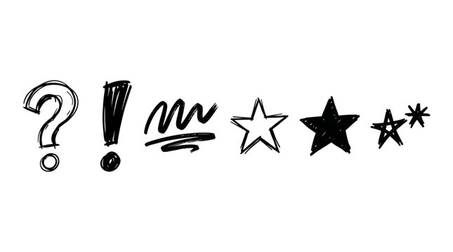 Hand-drawn question mark, exclamation mark, scribble, and stars on white background