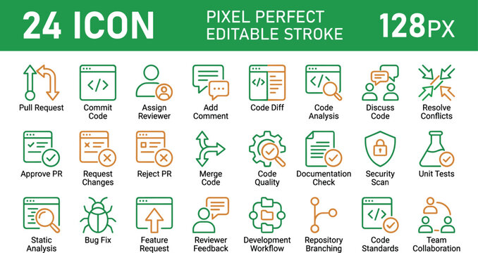 Flat line art software development and code collaboration vector icons set including pull request, code review, merge, bug fix, and repository management concepts for web use