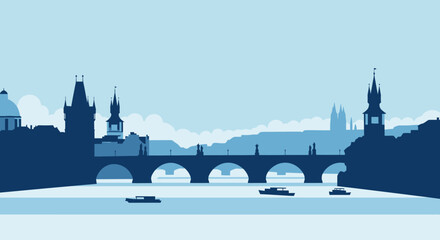 Prague Skyline Silhouette: Vltava River, Charles Bridge, Old Town Architecture © Muhamad