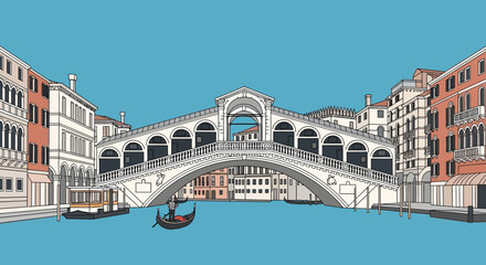 Rialto Bridge Venice Italy Canal Gondola Travel Landmark Vector Illustration © Muhamad
