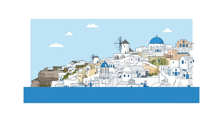 Santorini Greece Island Village Landscape Illustration with Blue Domes and Windmills © Muhamad