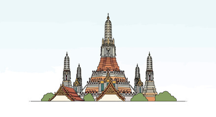 Obraz premium Wat Arun Temple Bangkok Thailand Architecture Landmark Sketch Style