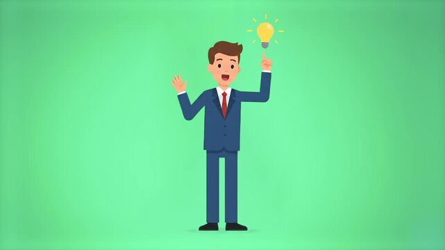A friendly 2D animated businessman in a blue suit and red tie stands and points his finger up toward a glowing yellow light bulb, representing a creative idea or business solution. This cartoon charac