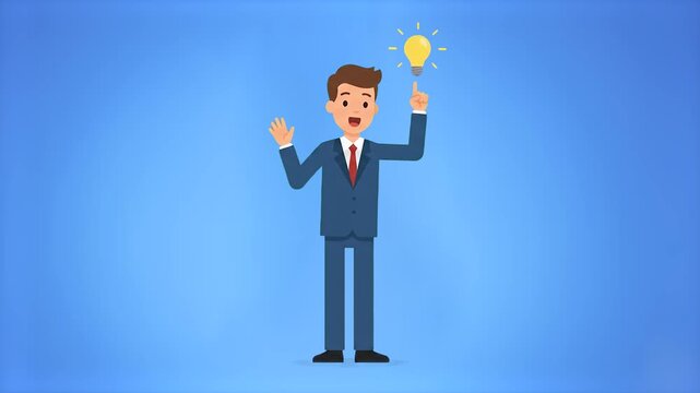 Animated vector businessman in a suit pointing finger toward a bright light bulb symbol above him, set against a smooth blue background. Great for business strategy clips, corporate educational videos