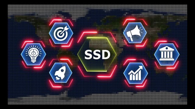 Global strategy icons connect around central SSD text on digital world map.