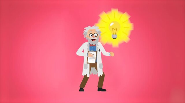 A flat design animated sequence of an old scientist with white hair holding notes, with a large glowing idea lightbulb illuminating beside him against a red background. Perfect for energetic innovatio