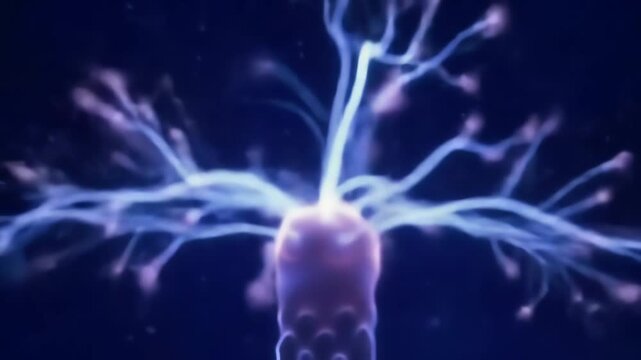 Neuron cell with glowing blue dendrites.