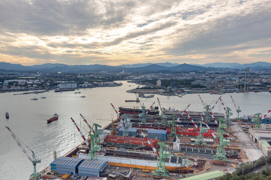Ulsan shipping and industrial area view taken from a high view point during sunset