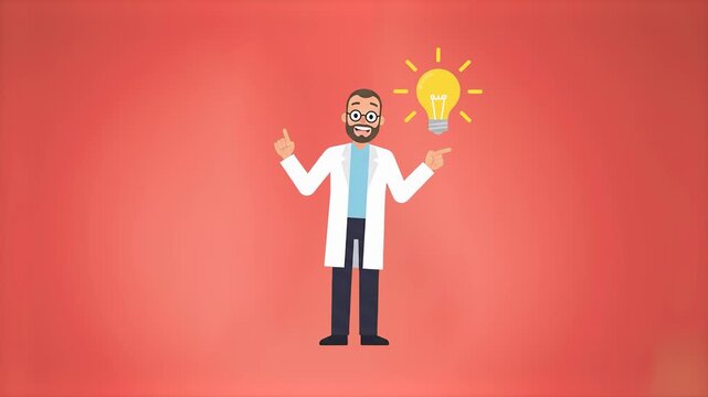 A 2D animated male scientist gestures proudly toward a glowing lightbulb, illustrating a creative solution or professional insight. The modern coral red background provides a bold look for commercial 