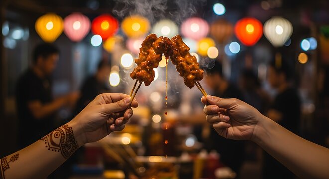 Espetinhos de frango expostos em uma feira de comida de rua com fundo de luzes bokeh.