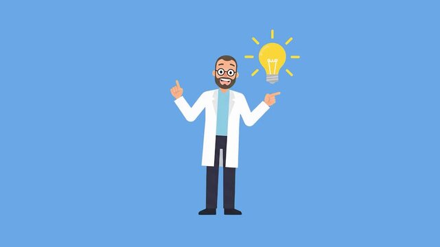 A 2D animated scientist in a lab coat points upward to a shining lightbulb against a blue background. Perfect for scientific presentations, educational modules, creative problem solving, and medical t