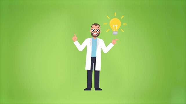 A 2D animated scientist in a white lab coat points to a glowing lightbulb idea icon against a green screen. Ideal for science education, research innovations, discovery concepts, and explainer videos.