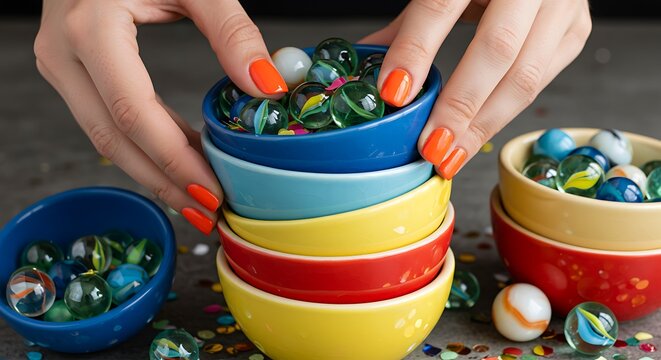 Mulher arrumando tigelas coloridas cheias de bolinhas de gude de vidro sobre uma superf&iacute;cie de madeira.