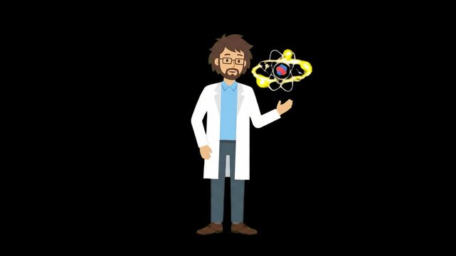 A 2D vector animation of a smart male researcher in a lab coat demonstrating a rotating atomic structure model. Isolated against a stark black backdrop, this clean loop works exceptionally well for hi