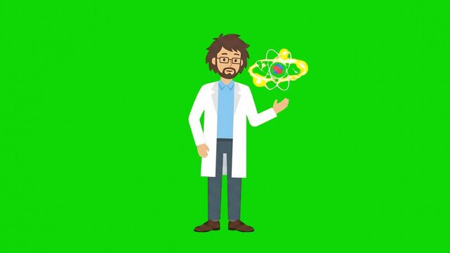 A 2D animated male scientist in a white lab coat stands and gestures toward a glowing atom model floating next to him. This motion graphics element includes a bright green screen background for seamle