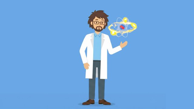 A 2D flat animation of a male scientist with glasses and a white lab coat presenting a glowing, spinning atomic physics model. Set on a solid blue background, this looping graphic asset is perfect for