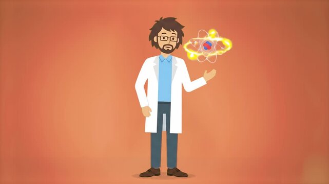 A cartoon male scientist wearing glasses and a lab coat holding out his hand to present a glowing animated atom model, set against an orange studio backdrop. Ideal for physics educational content, STE