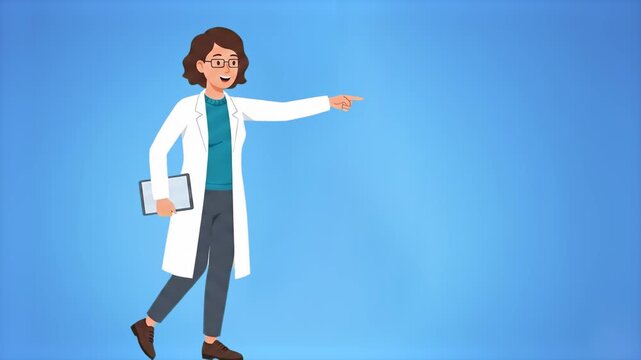 A 2D animated female doctor or scientist holding a clipboard walks forward while pointing to the right side of the screen. The clean blue background provides ample space for custom text or graphics.