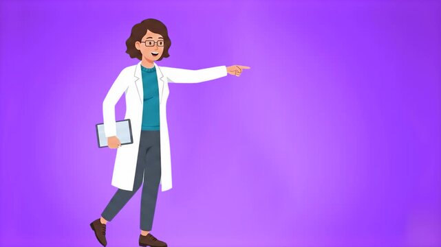 A 2D flat animated female doctor or researcher wearing a white lab coat holds a clipboard and points directly to the side. This vector graphic asset is ideal for healthcare presentations.