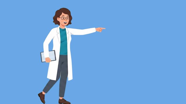 A 2D animated female doctor or scientist holding a clipboard walks forward while pointing to the right side of the screen. The clean blue background provides ample space for custom text or graphics.