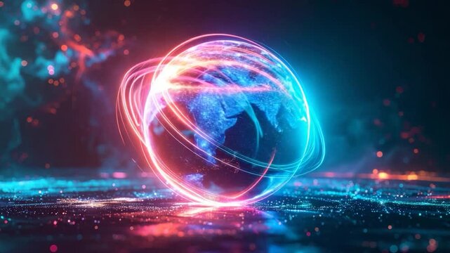 A glowing earth encased in swirling neon arcs, set in a cosmic, abstract scene